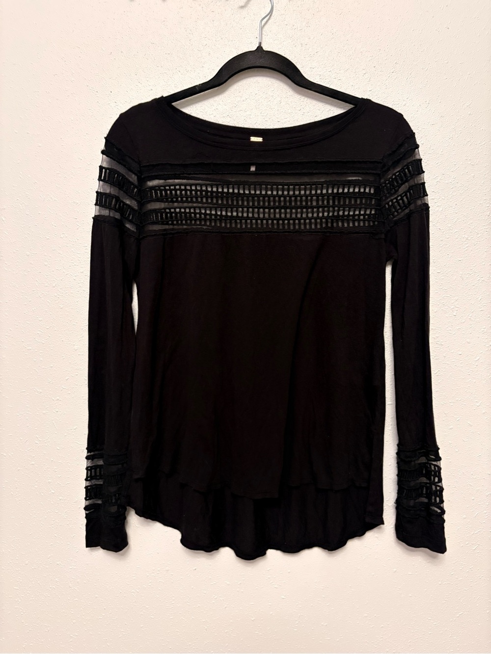 Free People Black Long Sleeve Lace-Trim Top with Cutouts